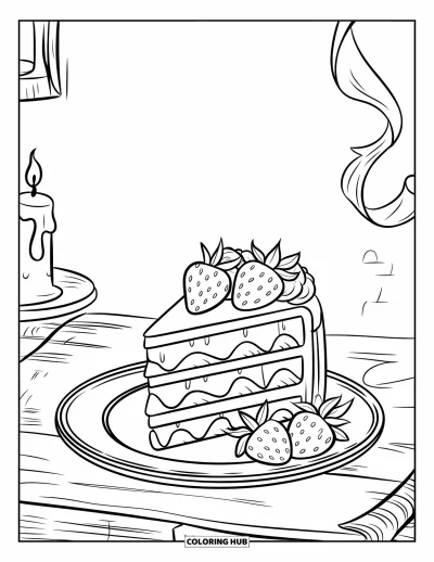 Coloriage de dessert pour enfants : Une tranche de gâteau décorée avec du texte et des fraises repose sous des rubans et une bougie