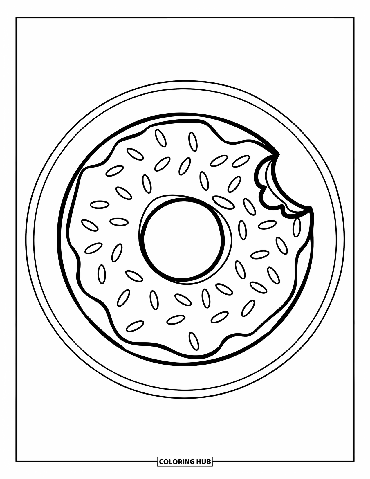 Disegno da colorare di un dessert per bambini: Una ciambella con zuccherini e un morso è seduta al centro di un cerchio divertente