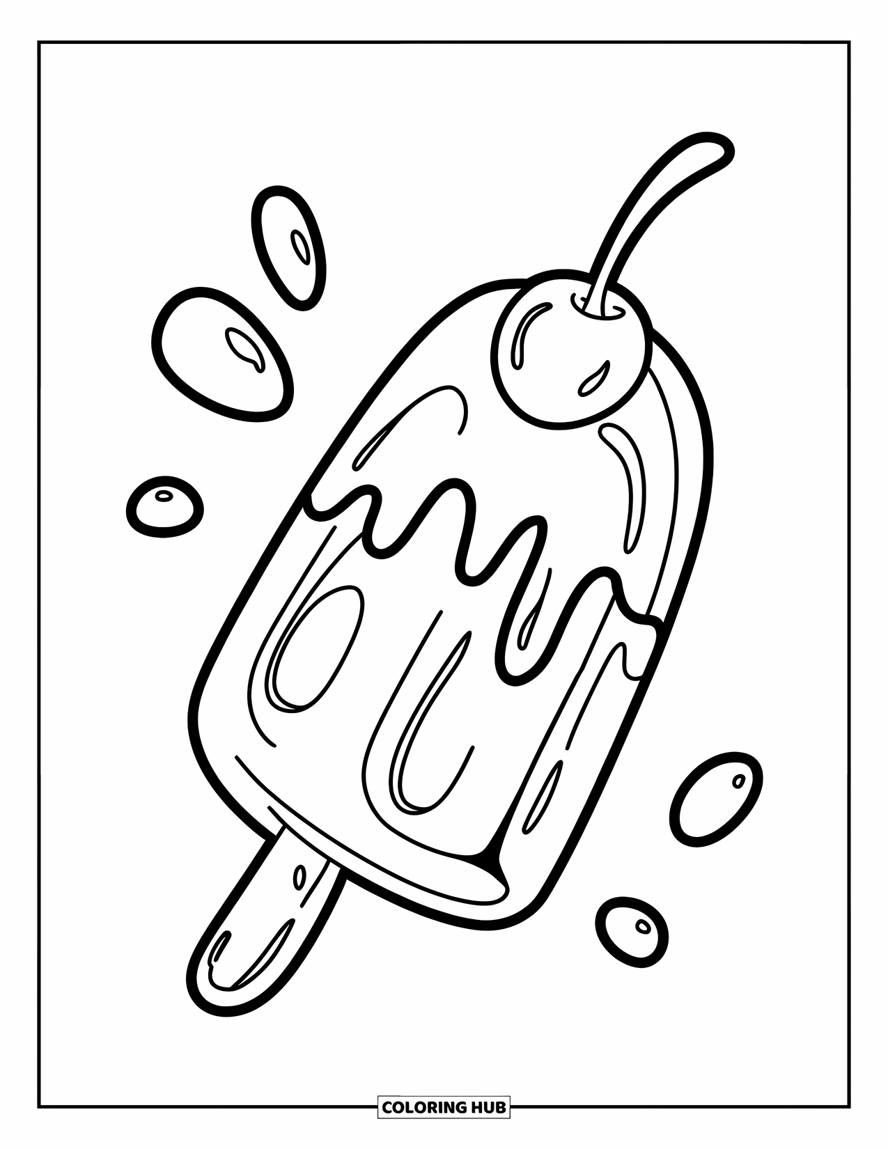 Disegno da colorare di un dessert per bambini: Un ghiacciolo gocciolante con sciroppo di cioccolato e una ciliegia è seduto su uno sfondo bianco