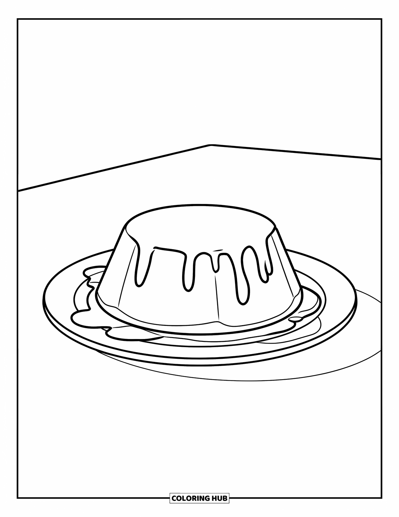 Disegno da colorare di un dessert per bambini: Un flan con glassa al caramello poggia su un piatto posto su un tavolo pulito