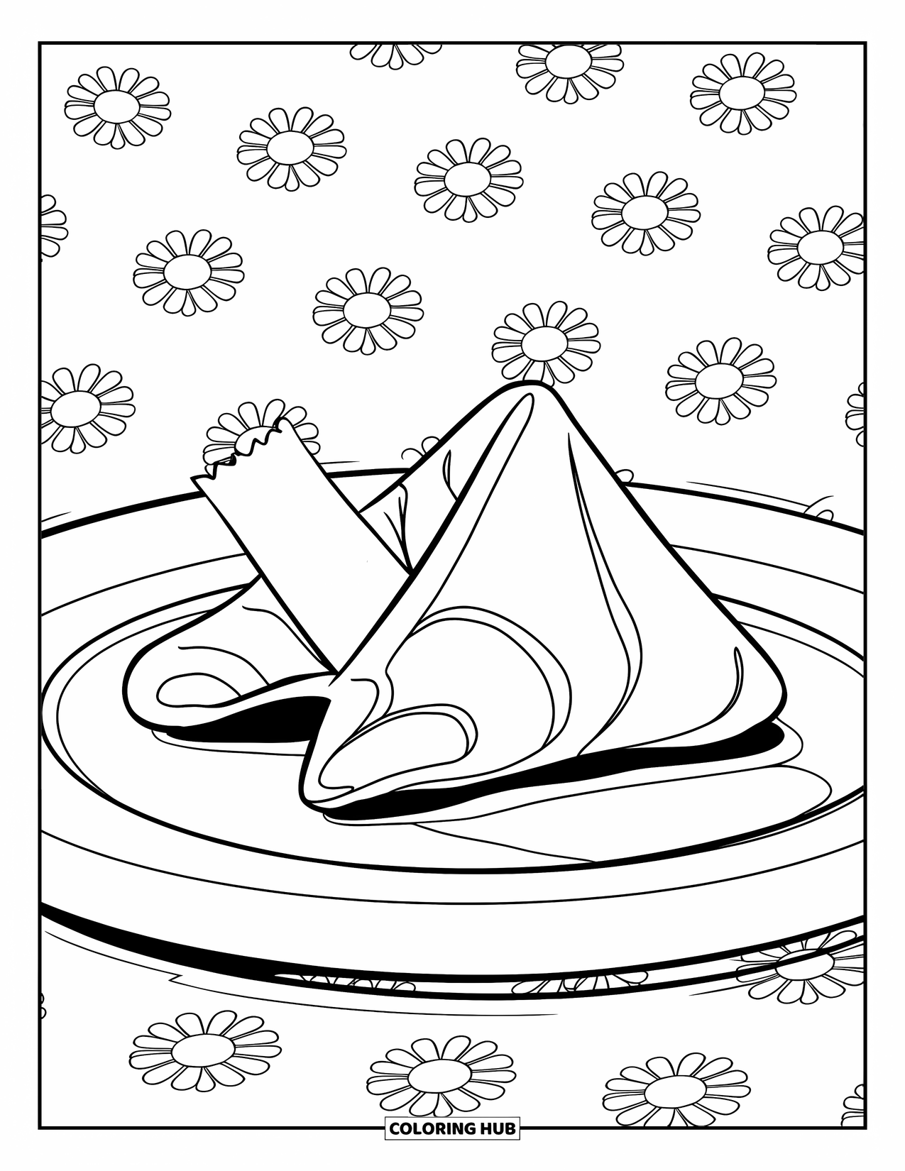 Disegno da colorare di un dessert per bambini: Un biscotto della fortuna su un panno floreale mostra un messaggio che fa capolino dal centro