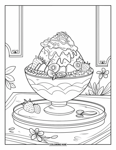 Coloriage de dessert pour enfants : Un bol de bingsu fruité repose sur un plateau avec du sirop, du lait concentré et des détails floraux