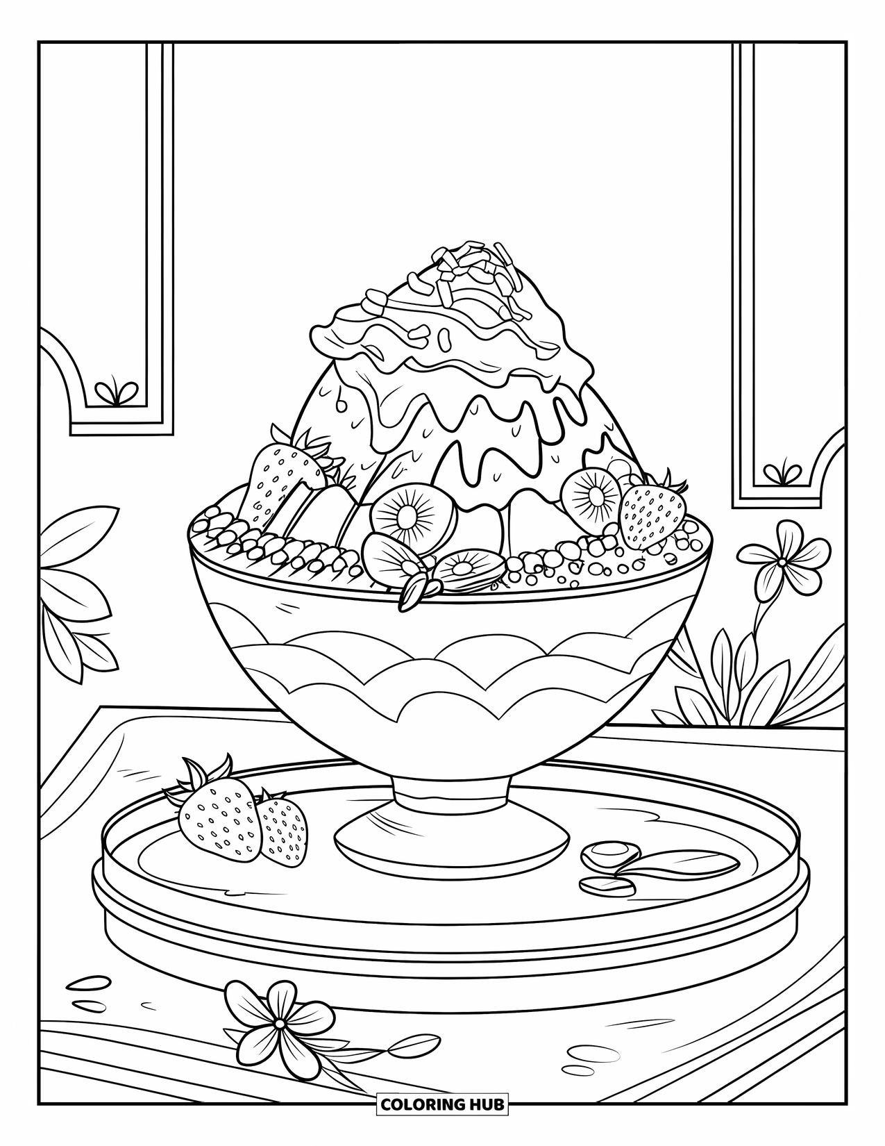 Disegno da colorare di un dessert per bambini: Una ciotola di bingsu fruttata poggia su un vassoio con sciroppo, latte condensato e dettagli floreali