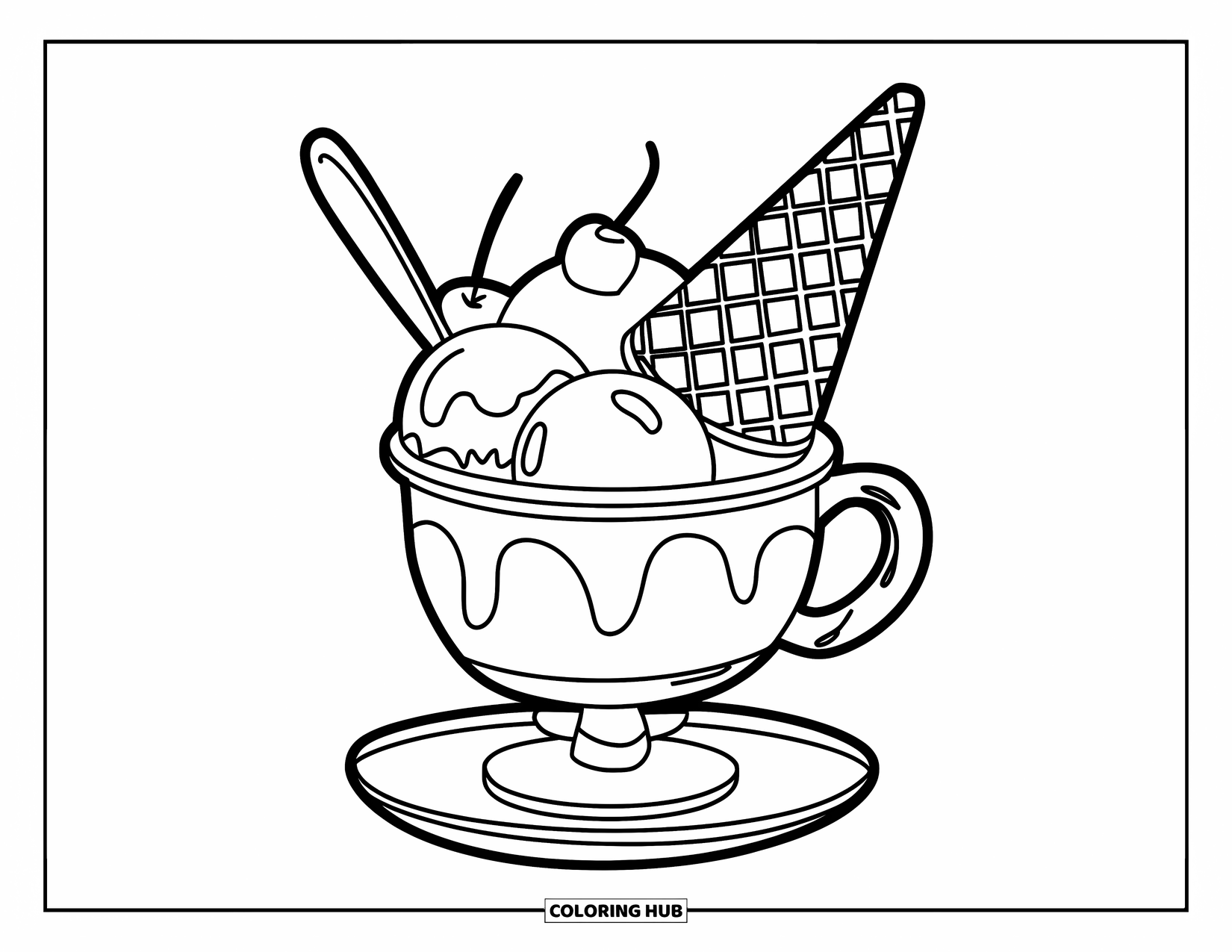 Disegno da colorare di un dessert per bambini: Una coppa di gelato con palline e un cono è sormontata da una ciliegia e un cucchiaio