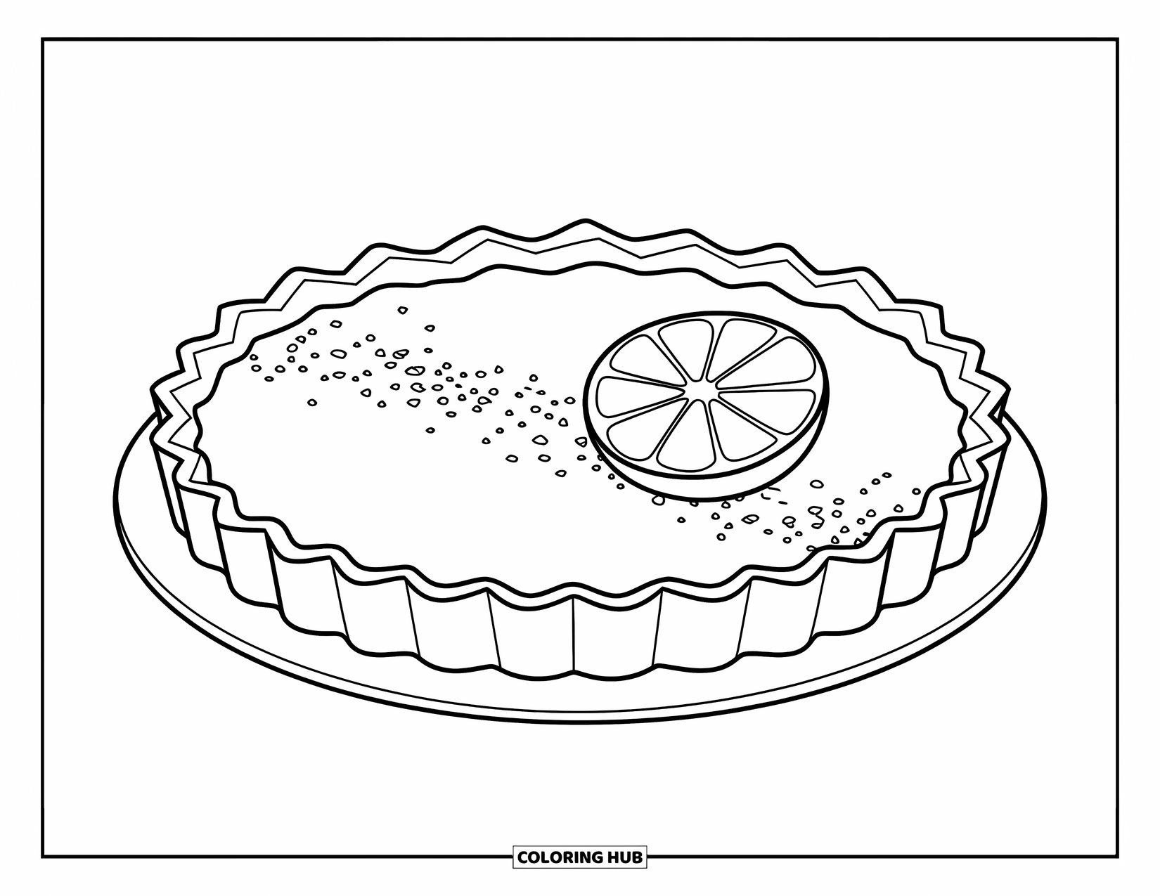 Disegno da colorare di un dessert per bambini: Una crostata al limone lucida spolverata di zucchero è seduta con una fetta di limone con semi sul lato