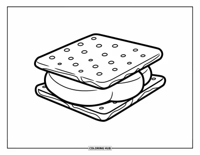 Coloriage de dessert pour enfants : Un s’more gluant sur un bâton a du chocolat fondu et de la guimauve entre des craquelins croustillants
