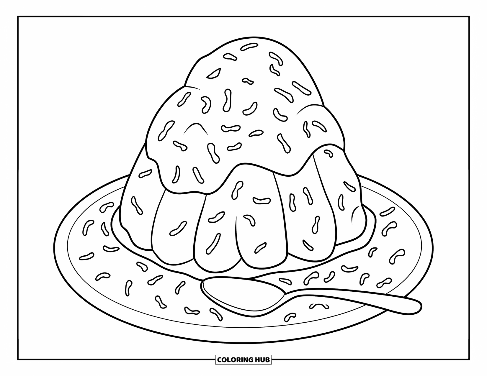 Disegno da colorare di un dessert per bambini: Un dessert gelatinoso tremolante con zuccherini e un cucchiaio è seduto pronto per essere gustato
