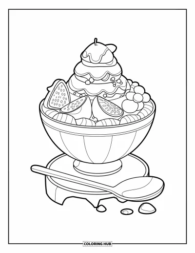 Coloriage de dessert pour enfants : Un dessert bingsu à plusieurs étages est posé à côté d’une cuillère sur un simple support en bois