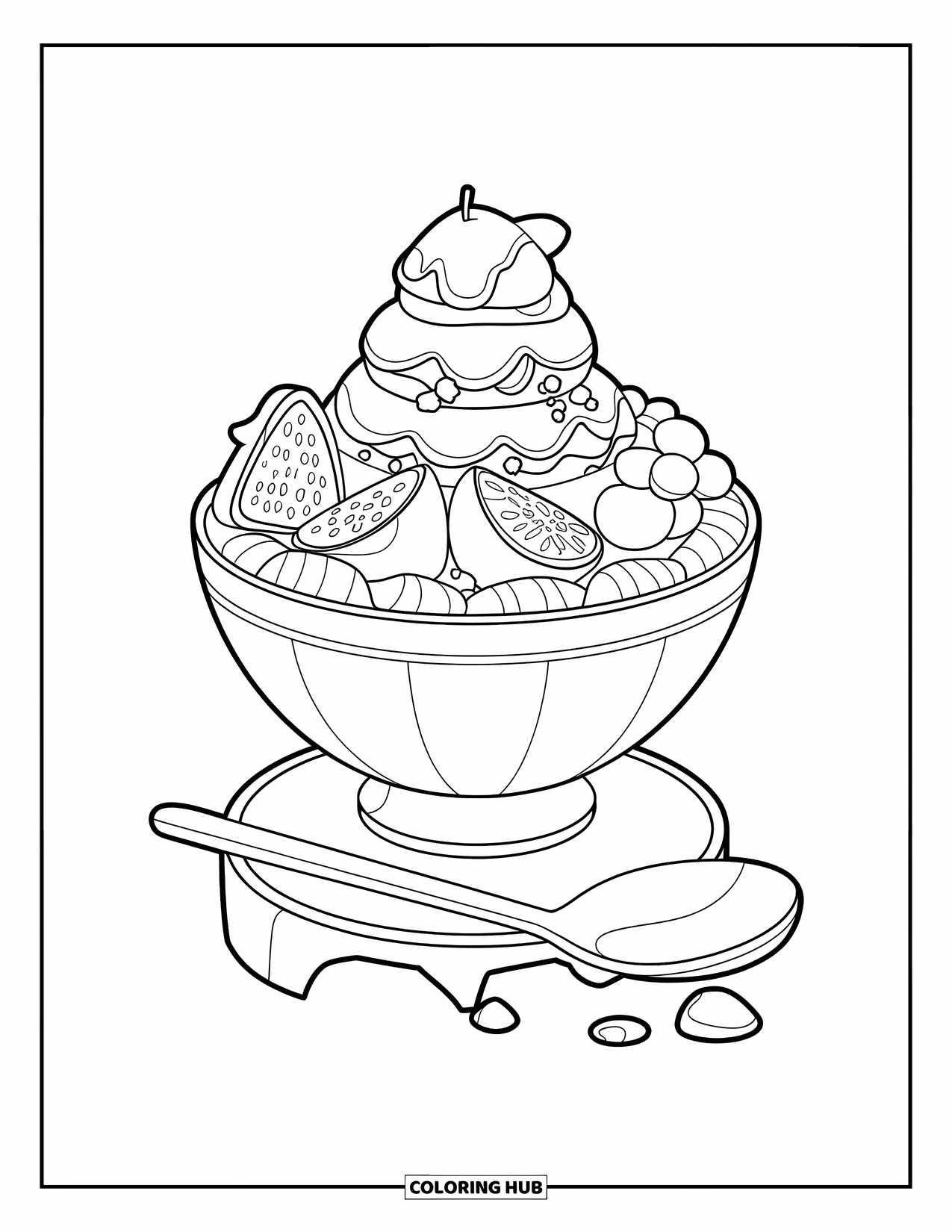 Disegno da colorare di un dessert per bambini: Un dessert bingsu a strati è seduto accanto a un cucchiaio su un semplice supporto di legno