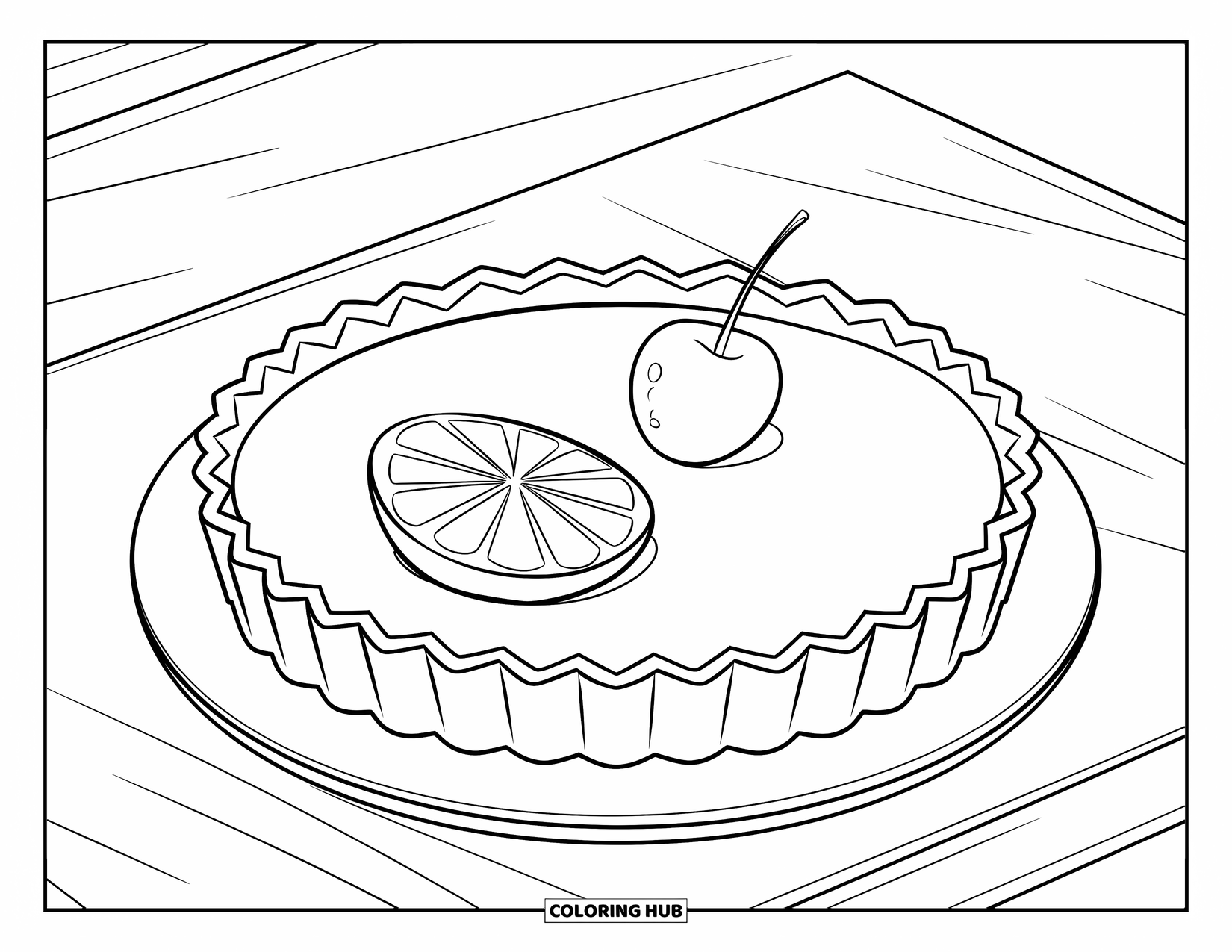 Disegno da colorare di un dessert per bambini: Una crostata al limone con bordi a zigzag è sormontata da una ciliegia su un piatto semplice