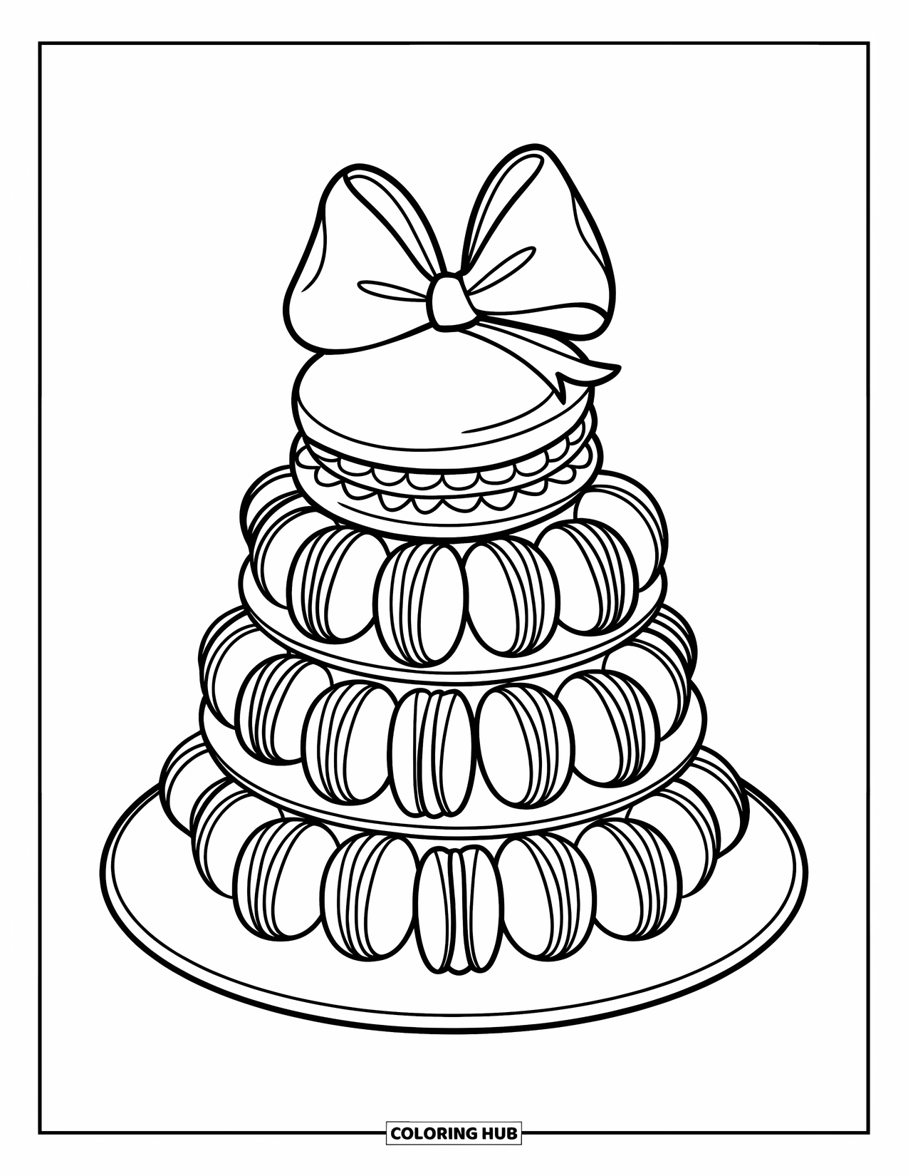 Disegno da colorare di un dessert per bambini: Una torre di macaron con un fiocco in cima si erge orgogliosamente su un piatto pulito