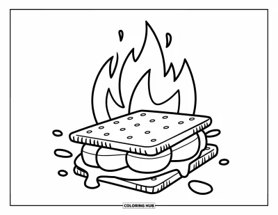 Coloriage de dessert pour enfants : Un s’more fondant sur un bâton repose près d’un feu de camp avec des flammes en arrière-plan