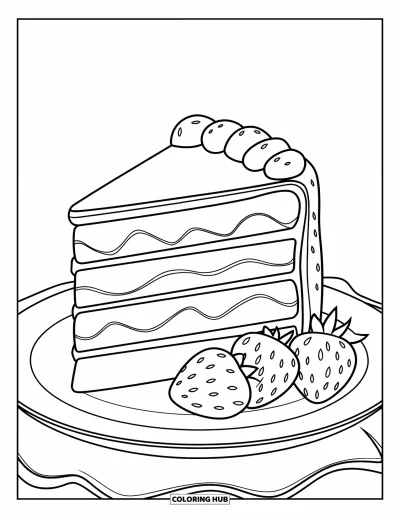 Coloriage de dessert pour enfants : Une tranche de gâteau à plusieurs étages avec des fraises repose sur une simple assiette blanche