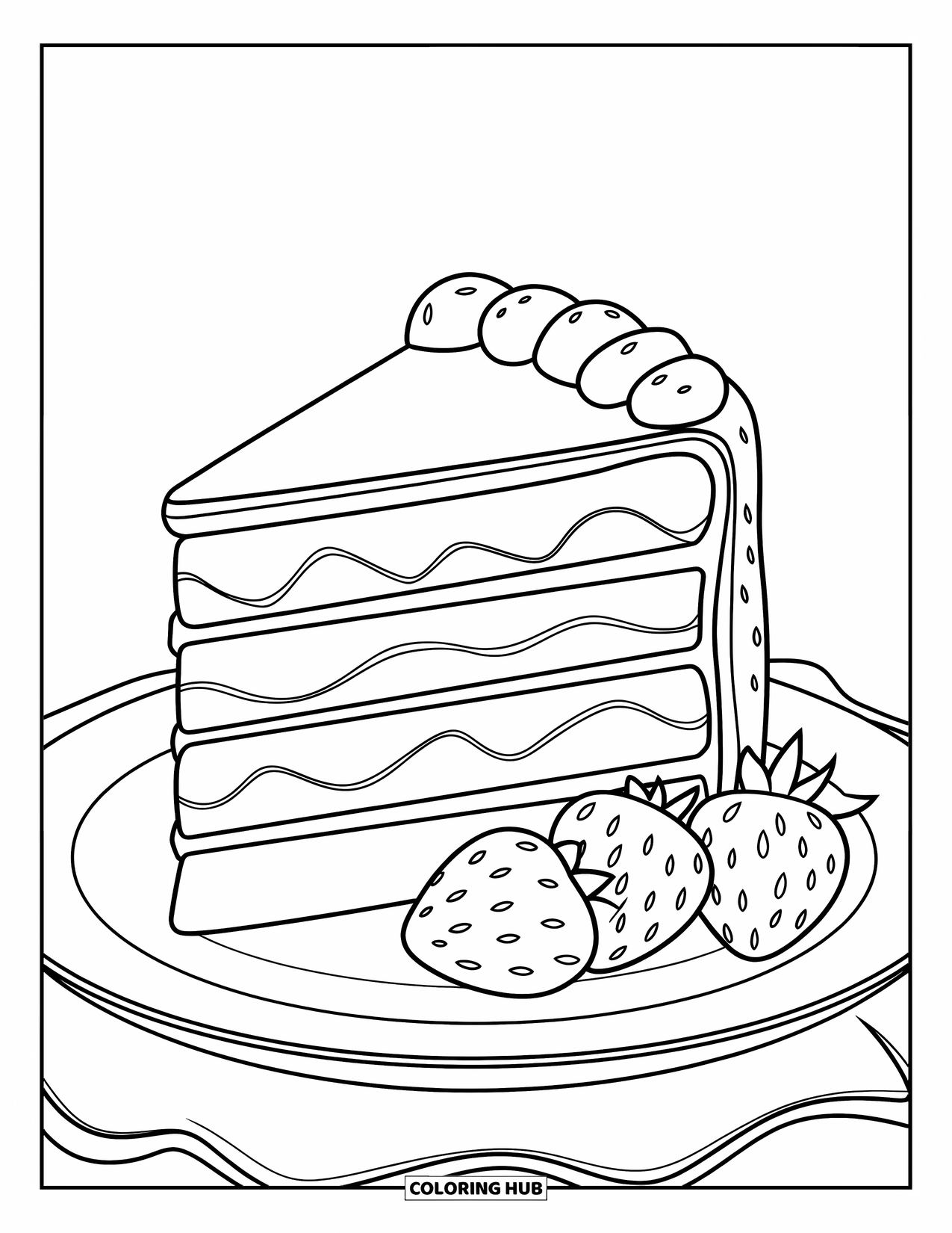 Disegno da colorare di un dessert per bambini: Una fetta di torta a più strati con fragole è adagiata su un semplice piatto bianco