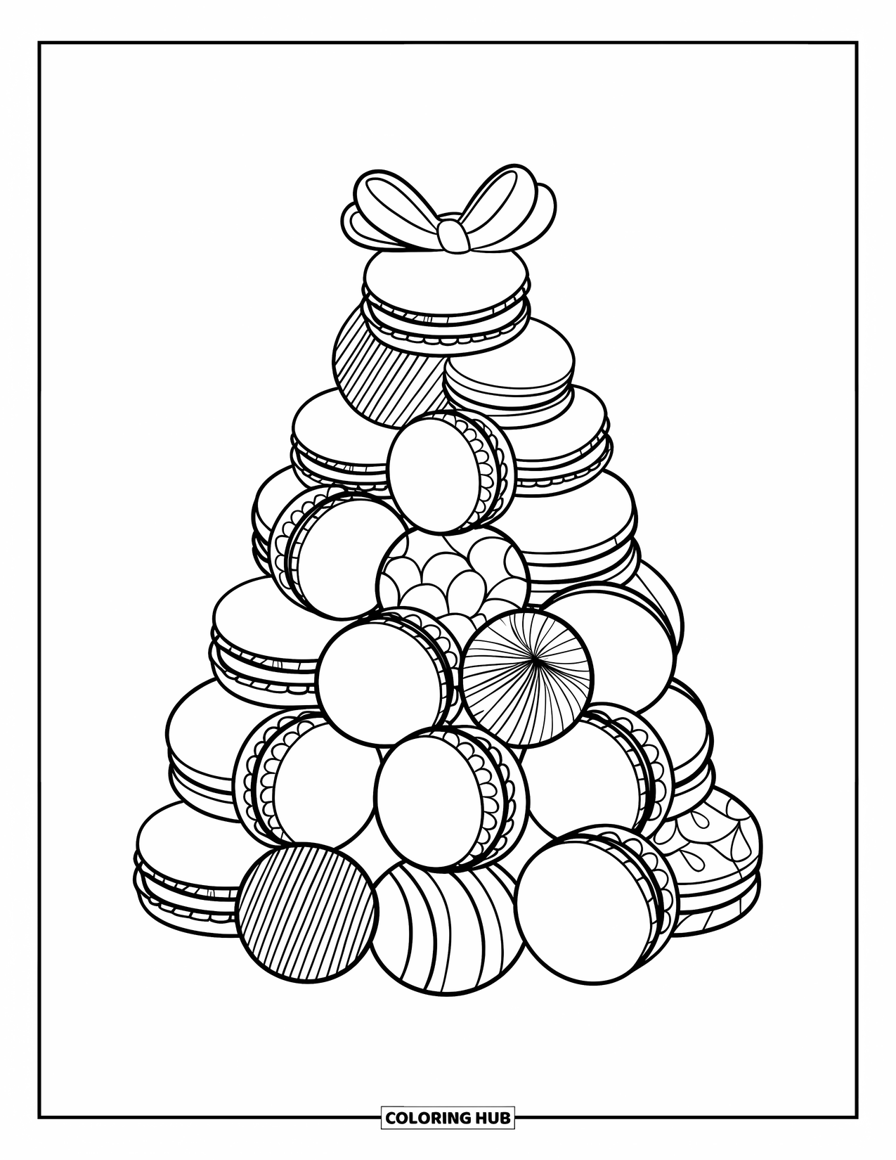 Disegno da colorare di un dessert per bambini: Una torre di macaron fantasia con un fiocco carino è adagiata su uno sfondo bianco
