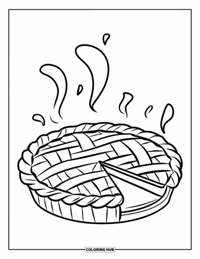 Coloriage de dessert pour enfants : Une tarte avec une tranche manquante laisse échapper de la vapeur chaude de sa croûte dorée