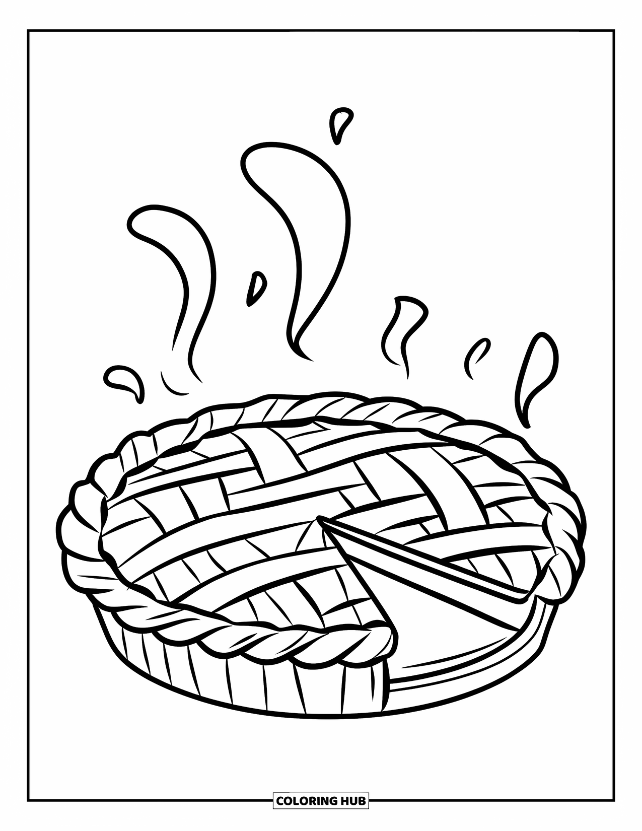 Disegno da colorare di un dessert per bambini: Una torta con una fetta mancante lascia uscire vapore caldo dalla sua crosta dorata
