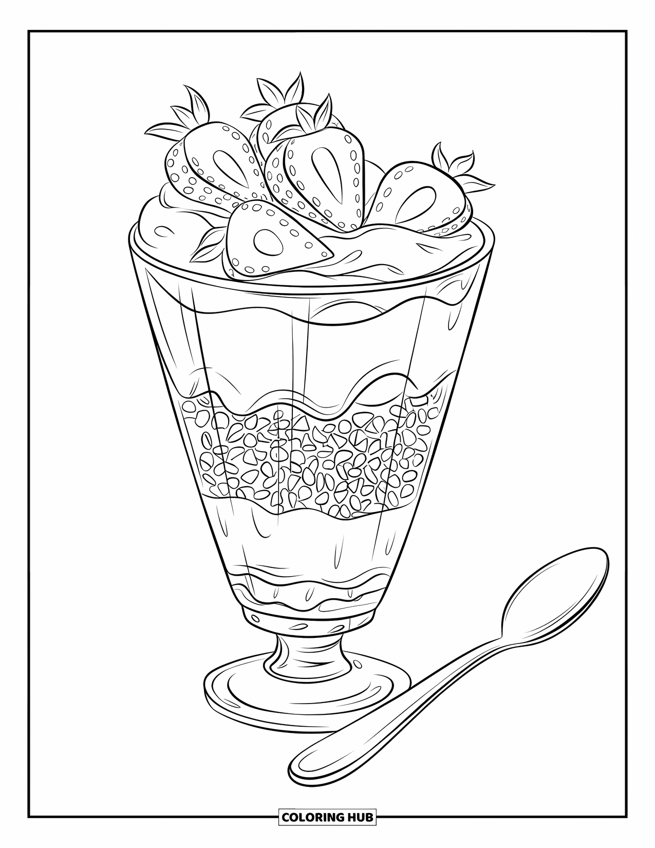 Disegno da colorare di un dessert per bambini: Un parfait di budino con fragole e strati di granola viene servito con un cucchiaio nelle vicinanze