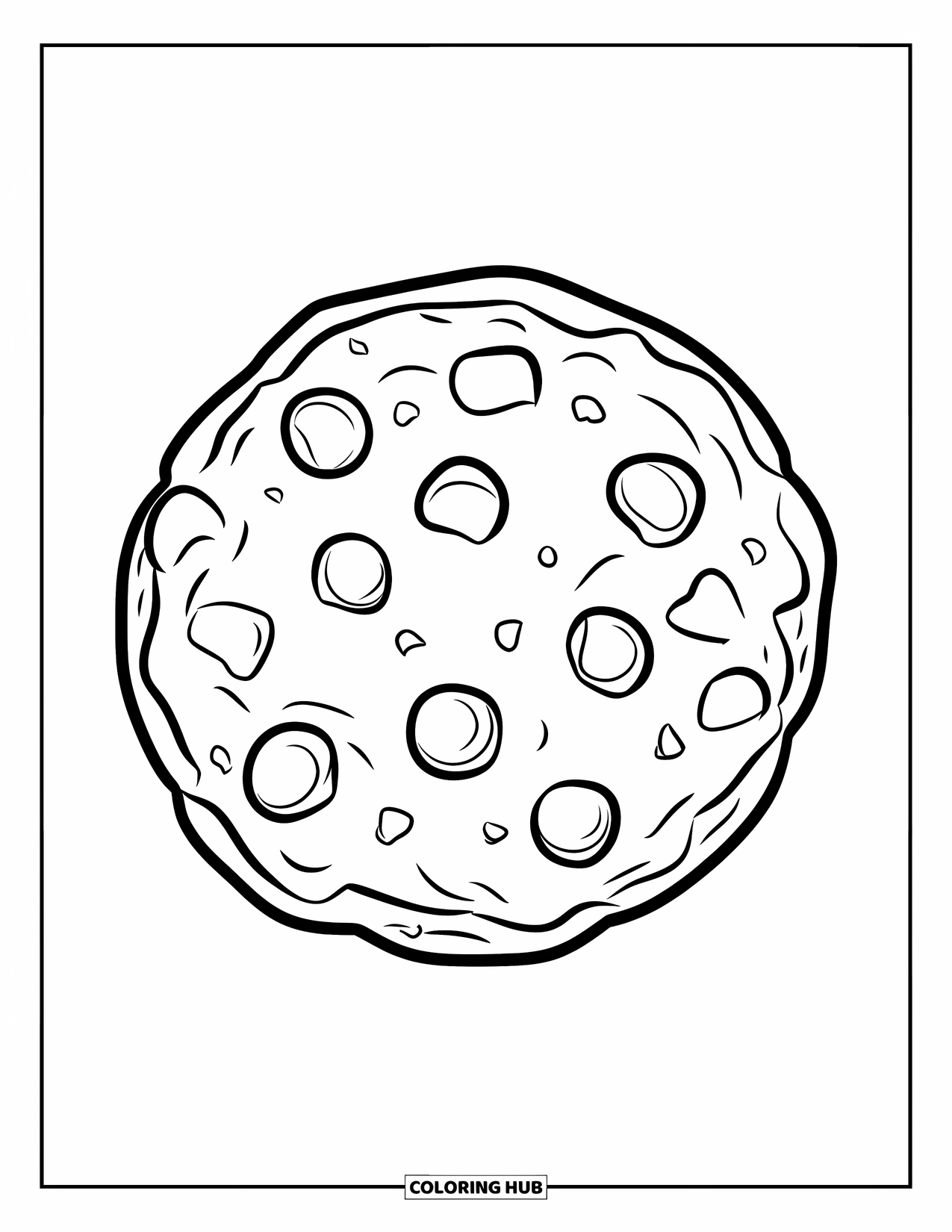 Disegno da colorare di un dessert per bambini: Un biscotto rotondo con gocce di cioccolato ha contorni audaci e un'atmosfera allegra