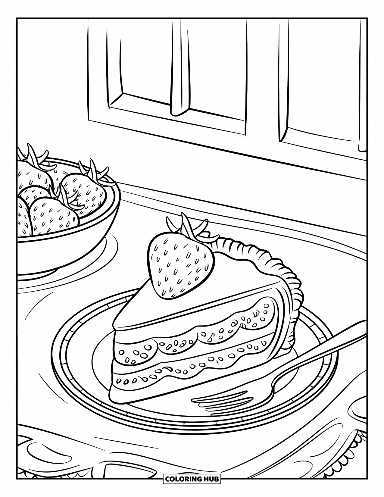 Disegno da colorare di un dessert per bambini: Una fetta di pan di Spagna con fragole è posizionata vicino a una ciotola con altri frutti di bosco