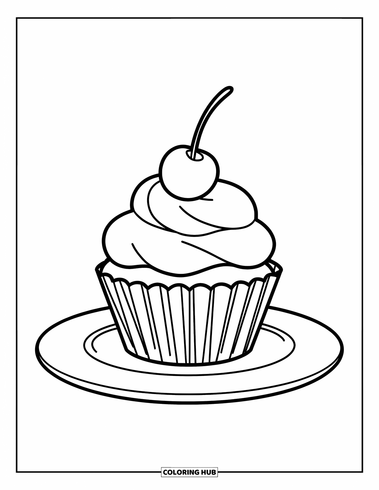 Disegno da colorare di un dessert per bambini: Un singolo cupcake con una ciliegia in cima poggia su un piatto senza dettagli extra