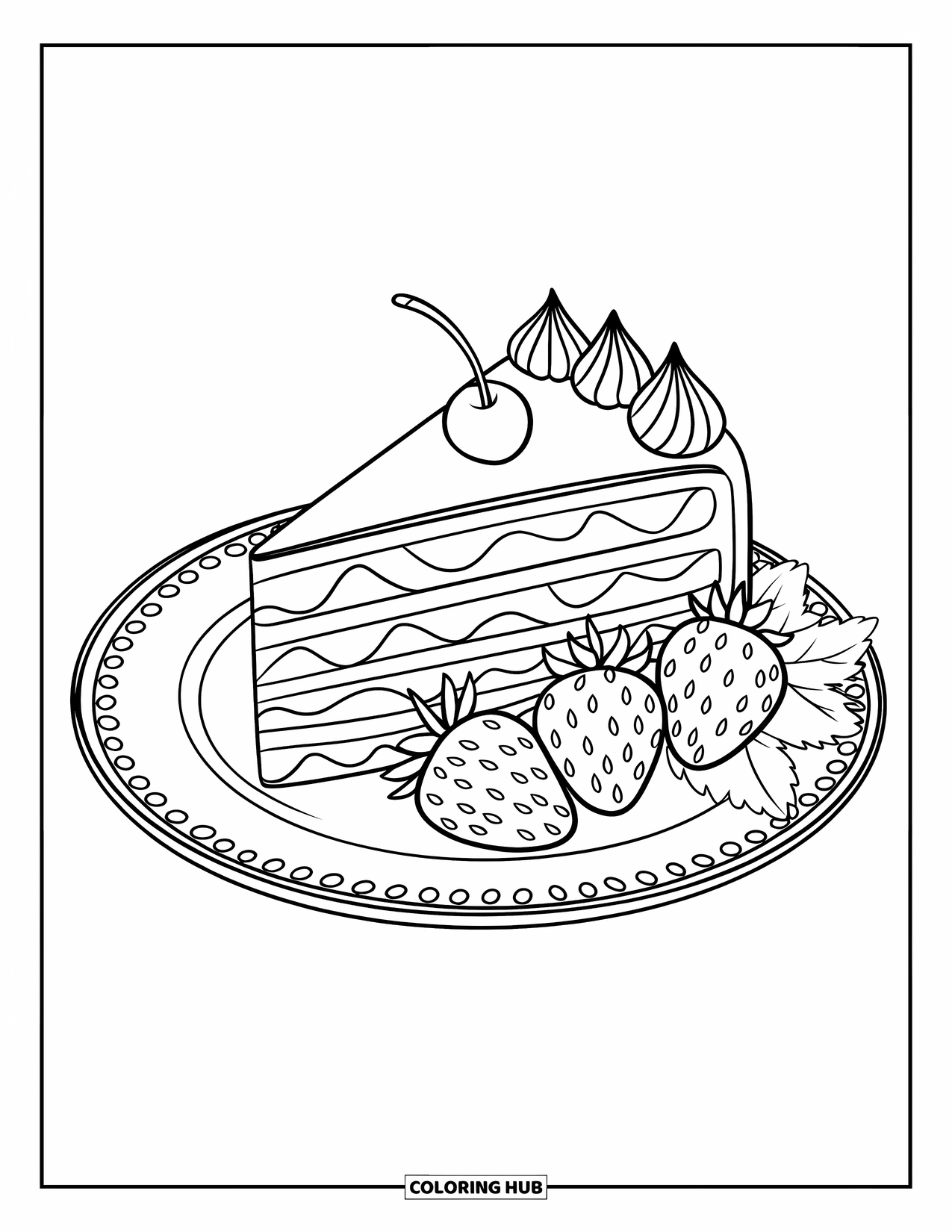 Disegno da colorare di un dessert per bambini: Una fetta di torta arrotolata con fragole e una ciliegia poggia su un piatto con bordo dorato