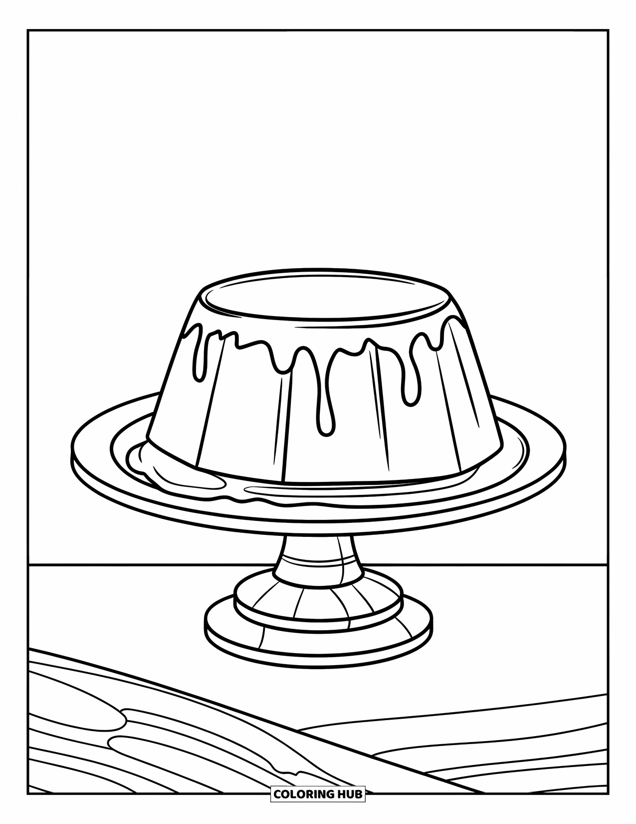 Disegno da colorare di un dessert per bambini: Un flan liscio con glassa al caramello poggia su un semplice supporto di legno