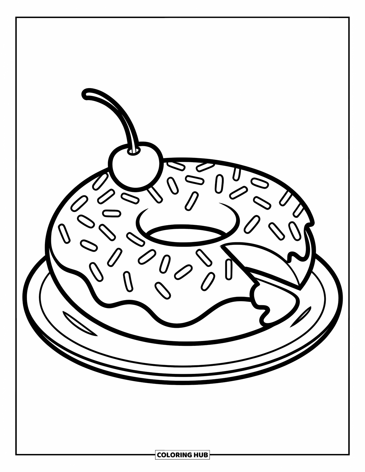 Disegno da colorare di un dessert per bambini: Una ciambella ricoperta di zuccherini con una ciliegia in cima è posizionata ordinatamente su un piatto