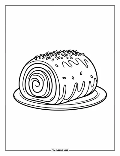 Coloriage de dessert pour enfants : Un roulé suisse recouvert de vermicelles avec une bouchée manquante repose sur une assiette