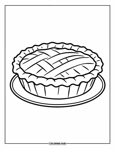 Coloriage de dessert pour enfants : Une tarte fumante avec une croûte entrecroisée repose sur une assiette blanche