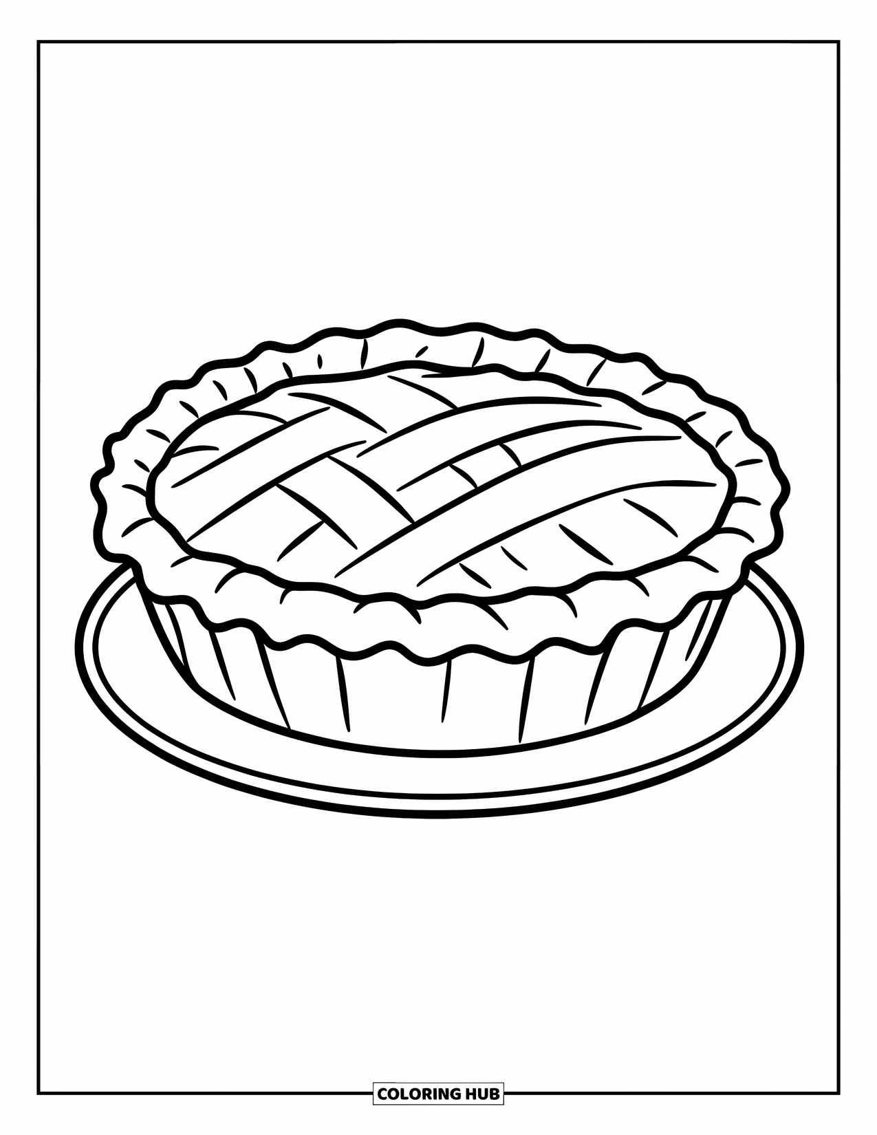 Disegno da colorare di un dessert per bambini: Una torta fumante con crosta a griglia poggia su un piatto bianco
