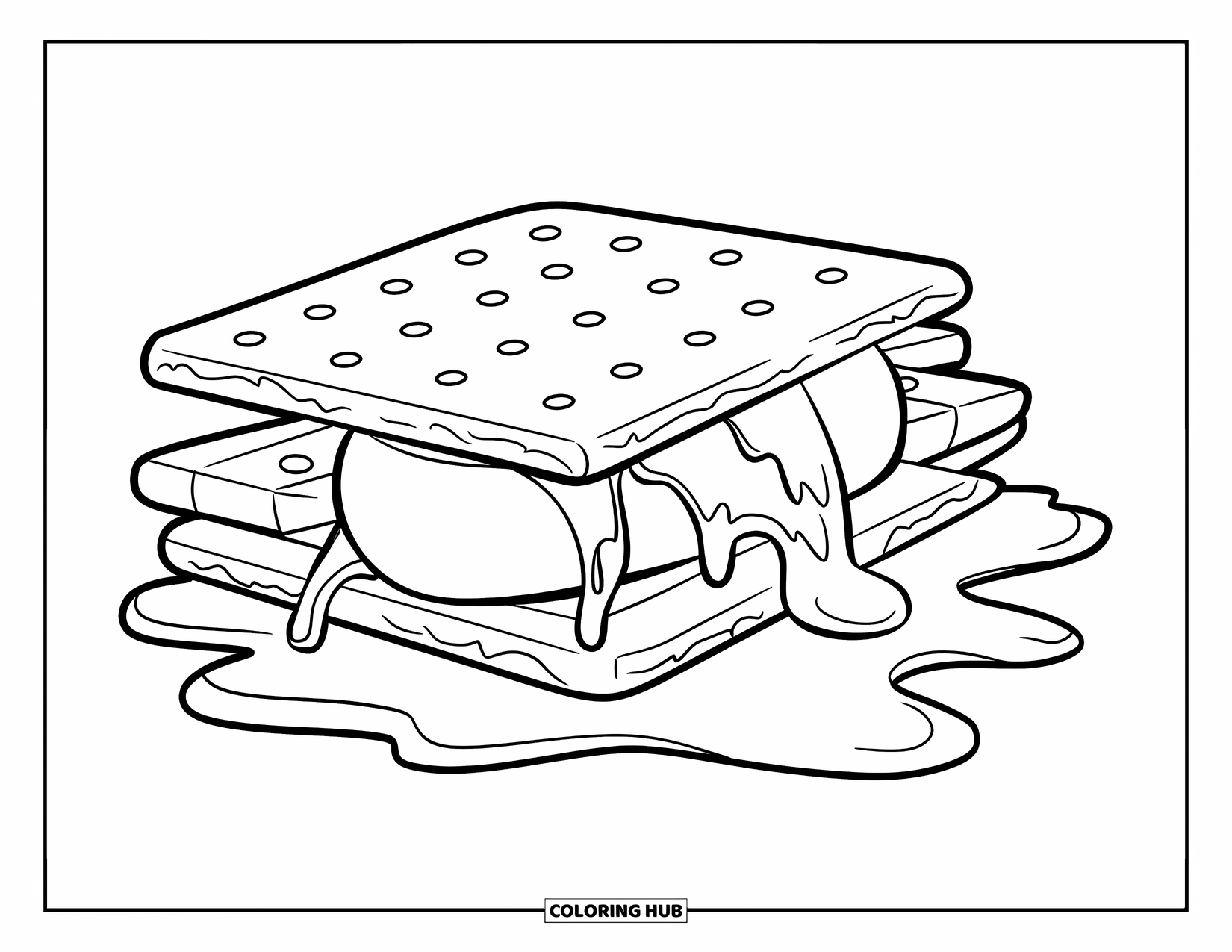 Disegno da colorare di un dessert per bambini: Uno s'more appiccicoso si scioglie tra cracker rotti con cioccolato che cola dai lati
