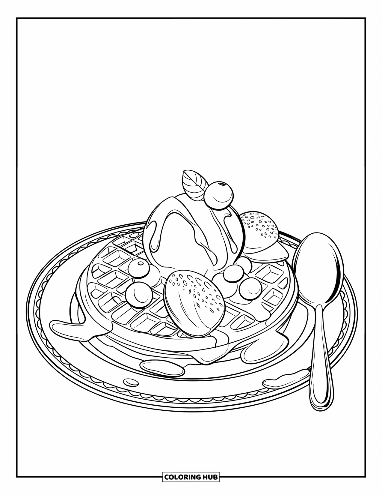 Disegno da colorare di un dessert per bambini: Una dolce waffle è adagiata su un piatto elegante con sciroppo, frutta e gelato