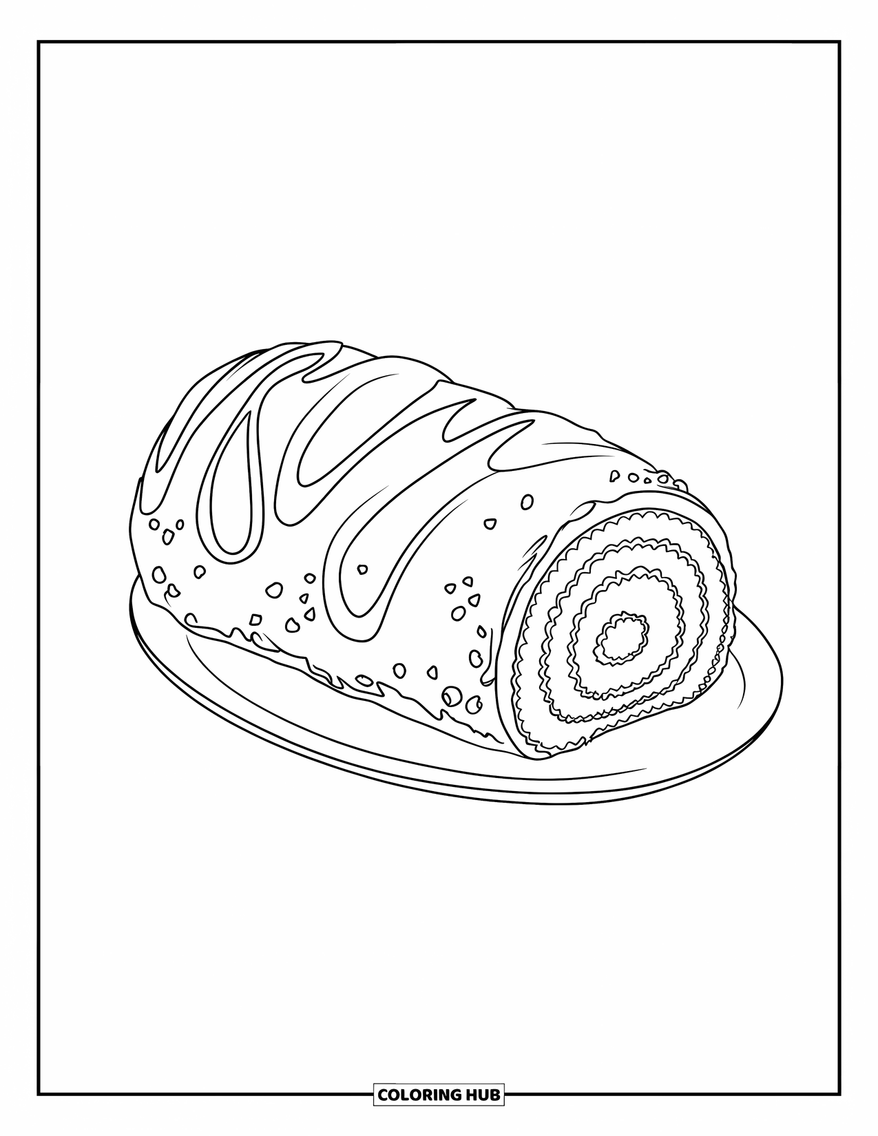 Disegno da colorare di un dessert per bambini: Un rotolo svizzero arrotolato con un morso mancante è adagiato ordinatamente su un piatto pulito