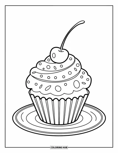 Coloriage de dessert pour enfants : Un cupcake tourbillonnant avec une cerise repose sur une assiette simple avec un bord annelé