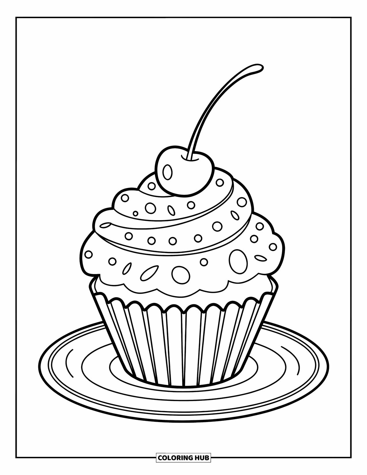 Disegno da colorare di un dessert per bambini: Un cupcake a spirale con una ciliegia è adagiato su un semplice piatto con un bordo ad anello