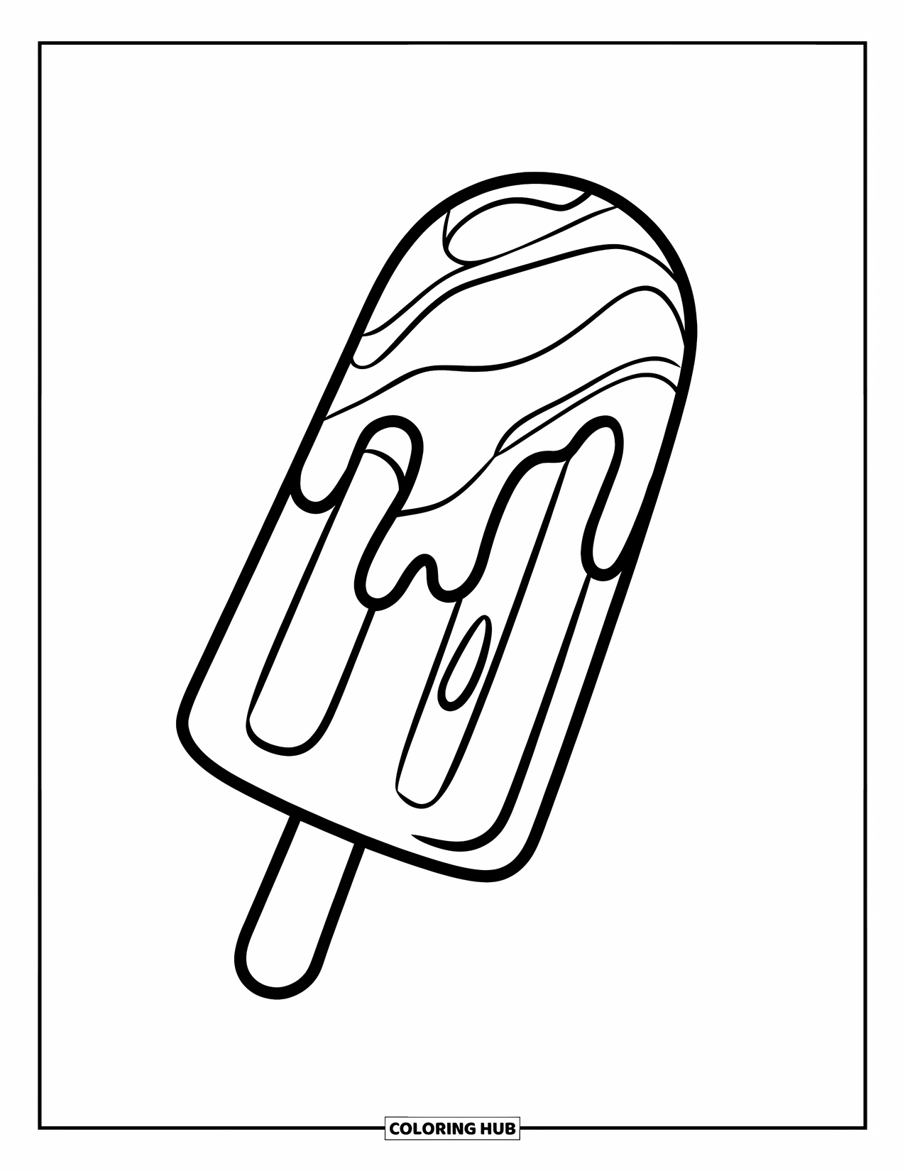 Disegno da colorare di un dessert per bambini: Un ghiacciolo a spirale poggia su un bastoncino con linee audaci e forme divertenti