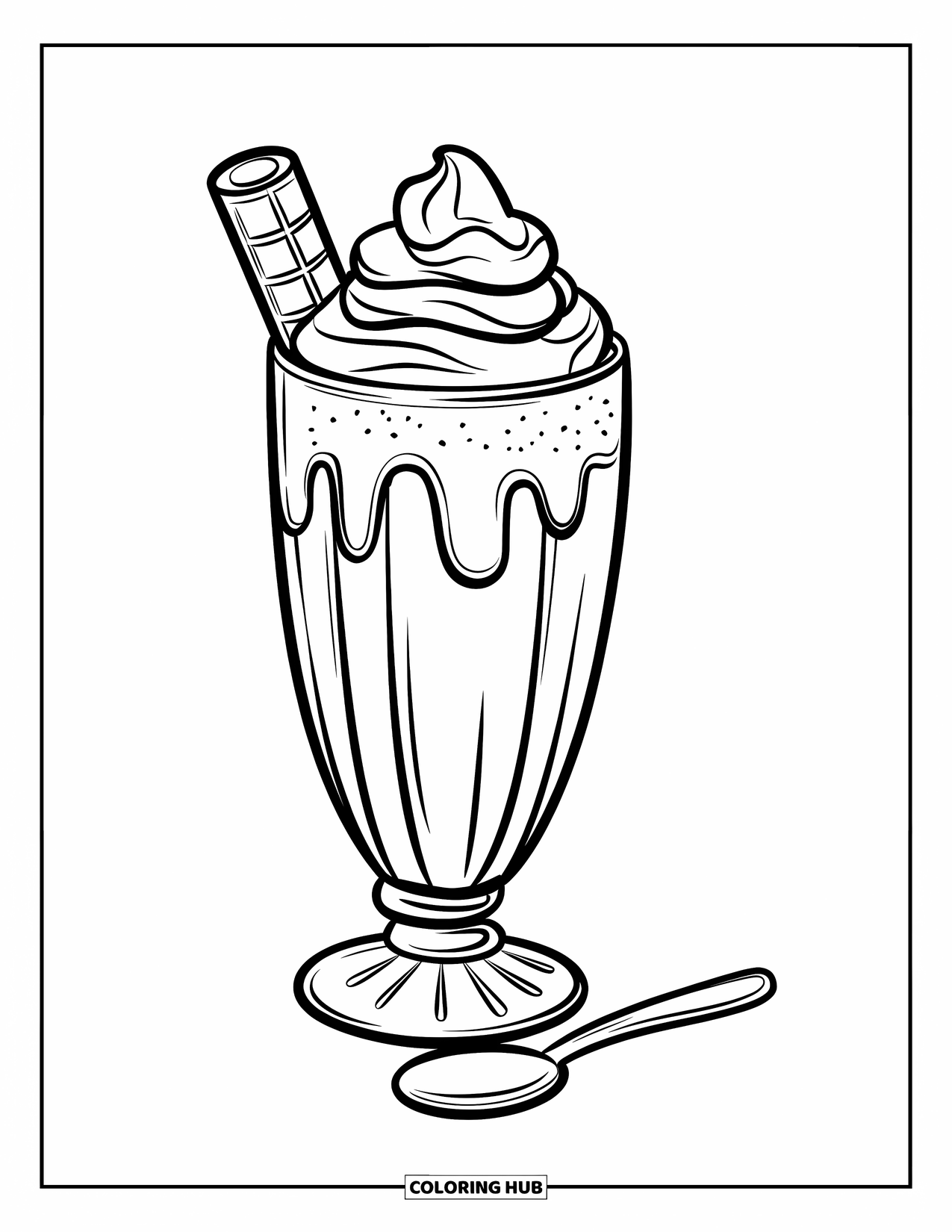 Disegno da colorare di un dessert per bambini: Un bicchiere alto di milkshake si erge con panna montata e un cucchiaio nelle vicinanze