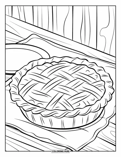 Coloriage de dessert pour enfants : Une tarte chaude sur une assiette montre de la vapeur qui s’élève sur une table confortable et propre