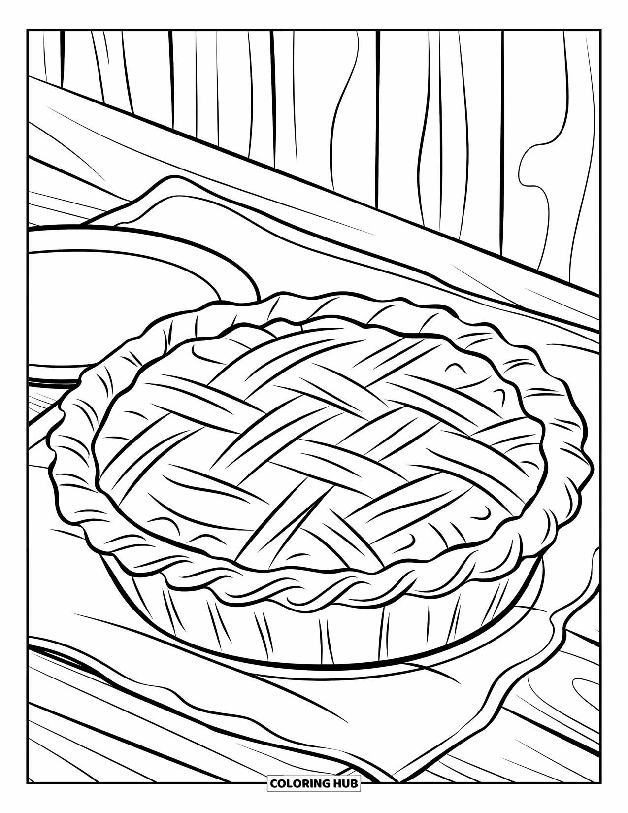 Disegno da colorare di un dessert per bambini: Una torta calda su un piatto mostra vapore che sale su un tavolo accogliente e pulito