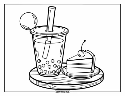 Coloriage de dessert pour enfants : Un thé aux perles et un gâteau garni d’une cerise reposent sur un plateau en bois avec une perle flottante à proximité