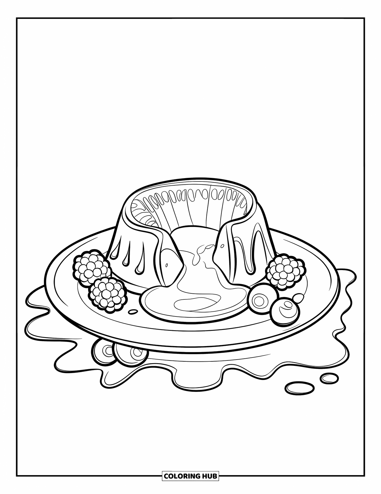 Disegno da colorare di un dessert per bambini: Cioccolato che cola da una torta lavica appiccicosa circondata da qualche frutto di bosco