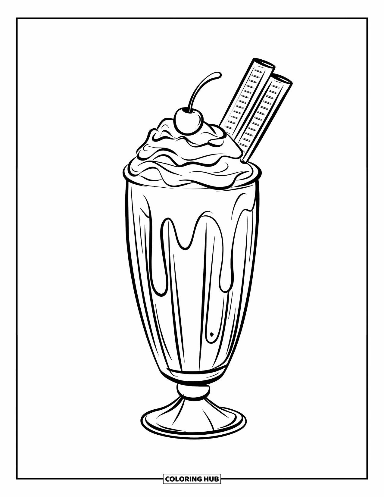 Disegno da colorare di un dessert per bambini: Il milkshake al cioccolato vortica sotto la panna montata, una ciliegia e un croccante bastoncino di wafer