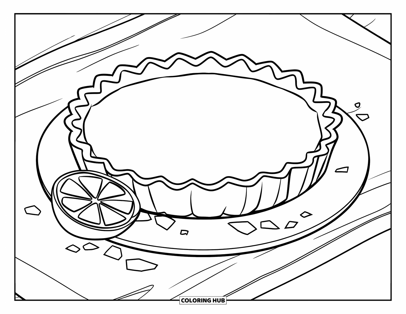 Disegno da colorare di un dessert per bambini: Una crostata al limone cosparsa di briciole e una fetta di limone sono adagiate su un piatto bianco pulito