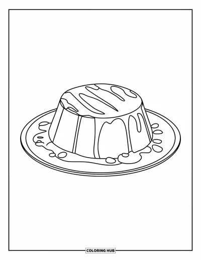 Coloriage de dessert pour enfants : Un flan nappé de caramel et quelques noix éparpillées repose sur une assiette blanche