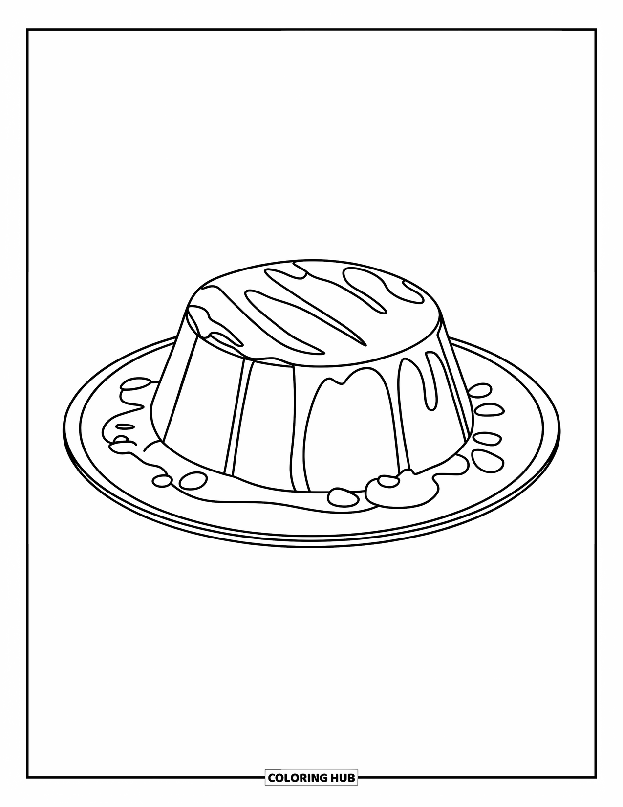 Disegno da colorare di un dessert per bambini: Un flan con glassa al caramello e qualche noce sparsa è adagiato su un piatto bianco