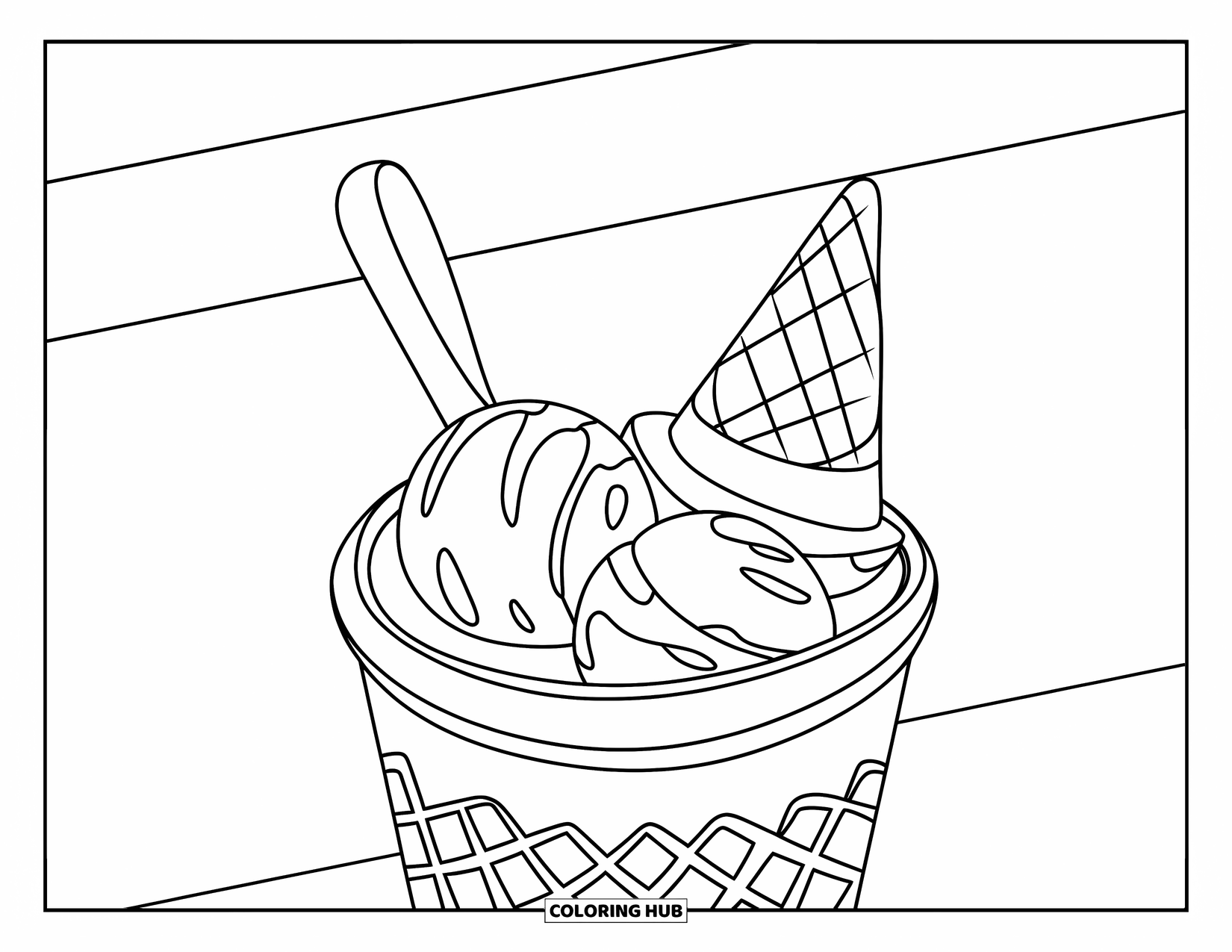 Disegno da colorare di un dessert per bambini: Palline di gelato e un cono sono adagiati ordinatamente in una tazza su una base waffle