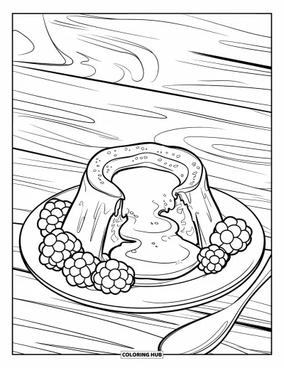Coloriage de dessert pour enfants : Un fondant au chocolat et des baies sont posés sur une assiette en bois avec une cuillère à côté