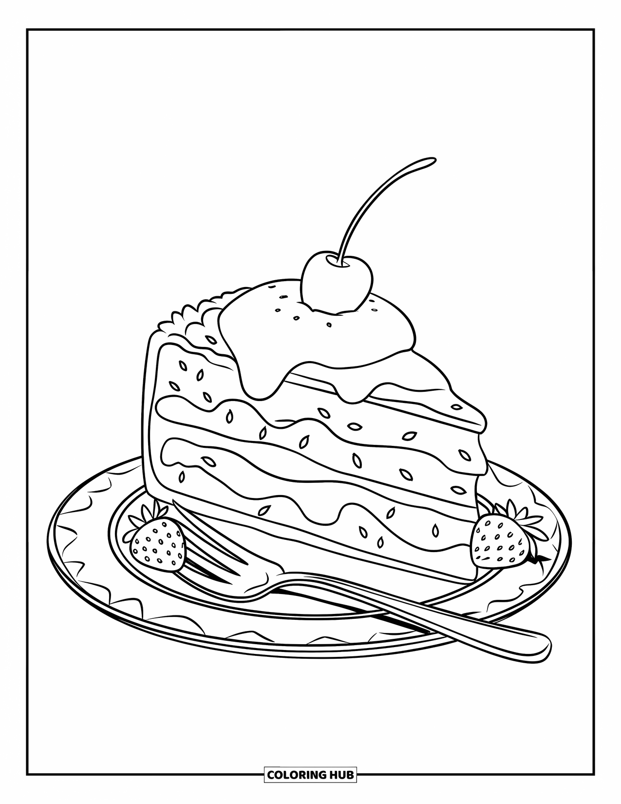 Disegno da colorare di un dessert per bambini: Pan di Spagna alle fragole con una ciliegia in cima è seduto su un piatto con fragole extra