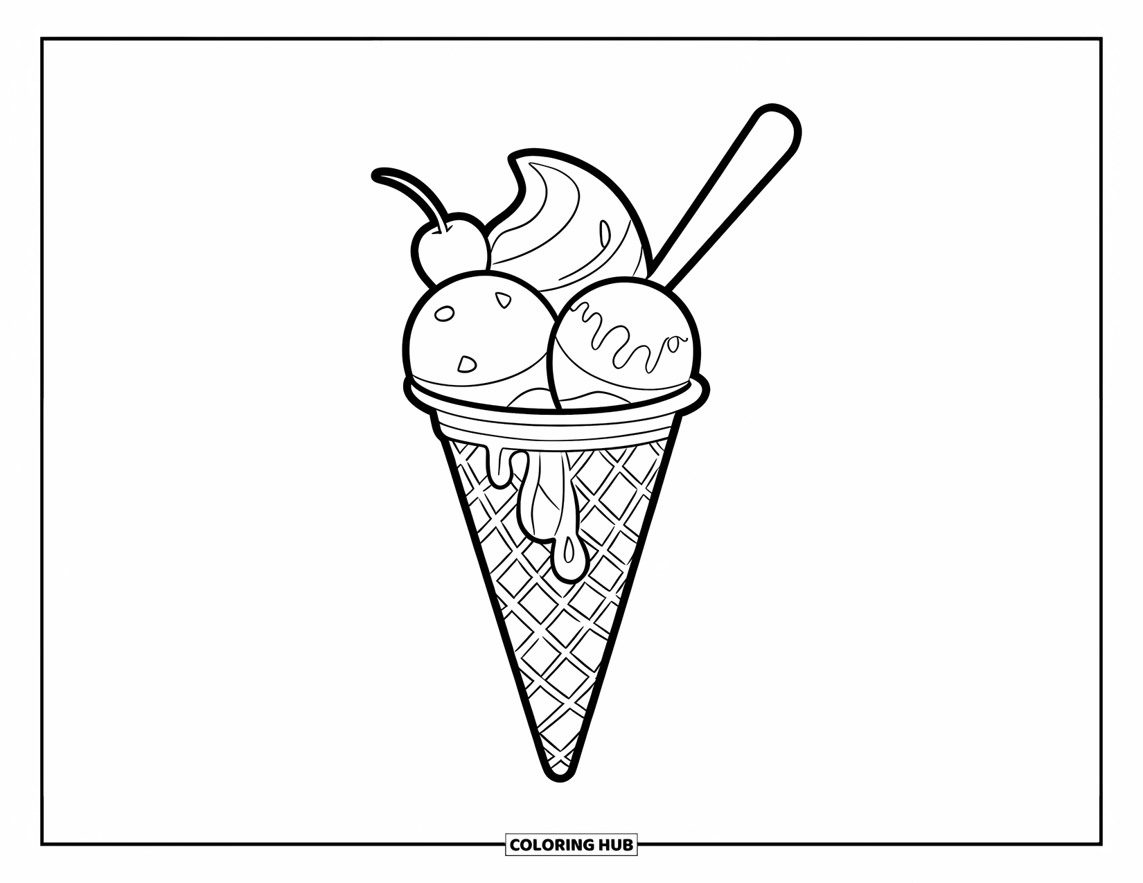 Disegno da colorare di un dessert per bambini: Gelato a tre palline è seduto in un cono waffle con una ciliegia in cima e un cucchiaio all'interno